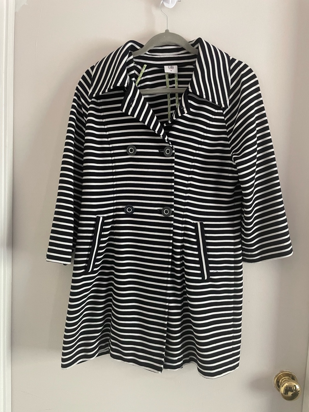 CAbi Black White Striped Double-Breasted Coat Size M Nautical 740